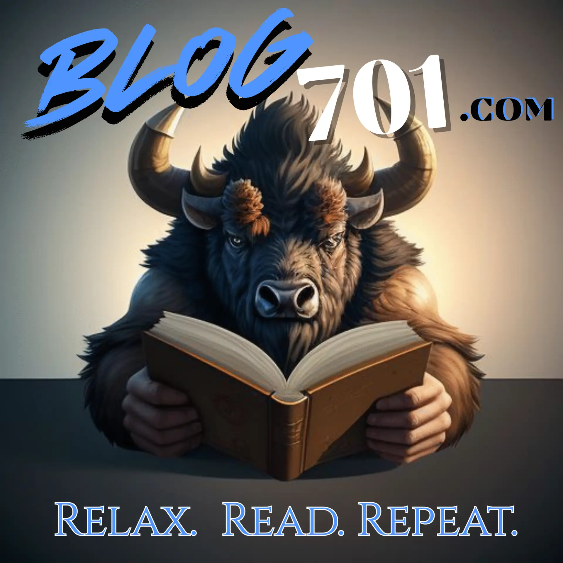 A Bison reading a book with the website name Blog701.com is above and the tagline, Relax. Read. Repeat is displayed near the bottom of the image