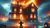 House fire with a man on his knees.
