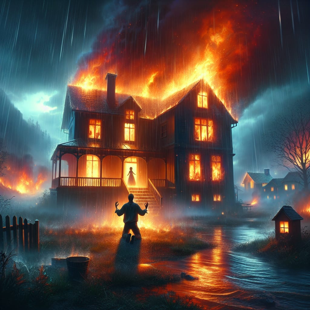 House fire with a man on his knees.