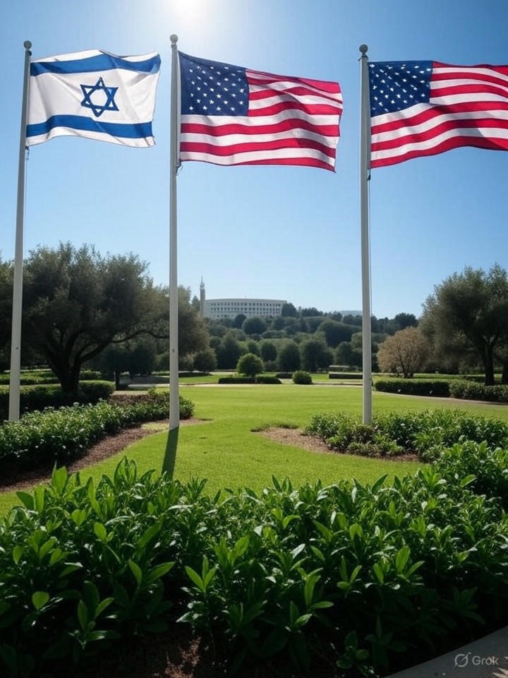US and Israeli flags waving together at a diplomatic summit, symbolizing their strong alliance.