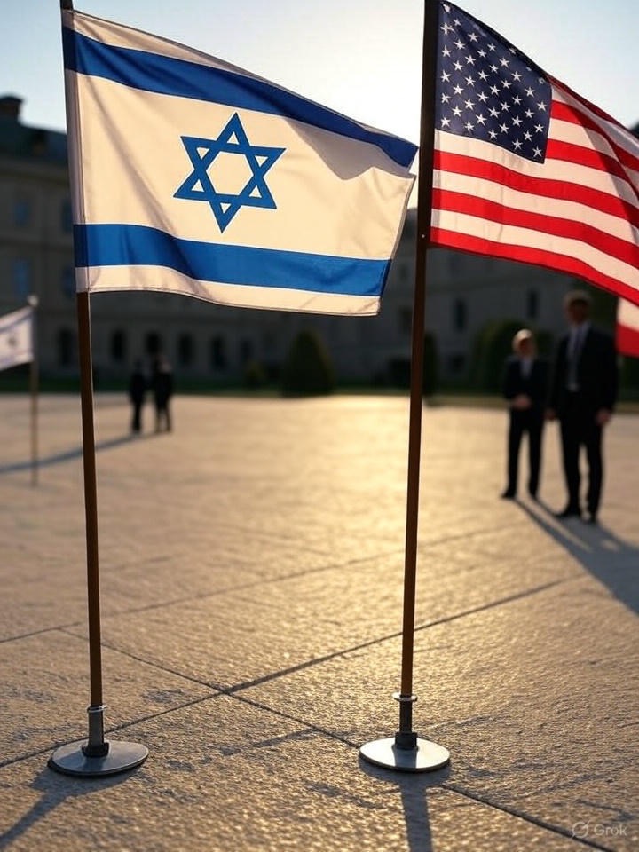 US and Israeli flags waving together at a diplomatic summit, symbolizing their strong alliance.