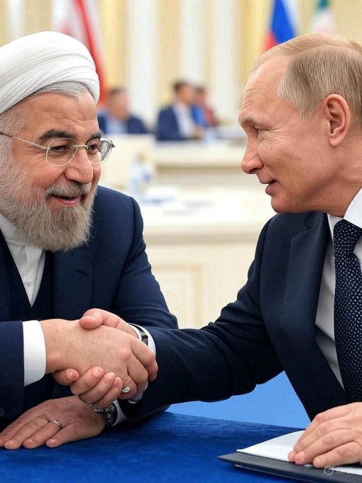 Iranian and Russian leaders shaking hands at a diplomatic summit, symbolizing their strategic alliance.