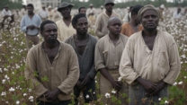 Men in a cotton field, slave labor depicting slavery