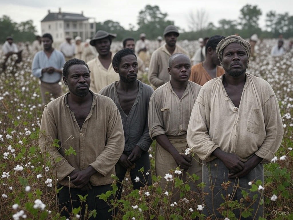 Men in a cotton field, slave labor depicting slavery
